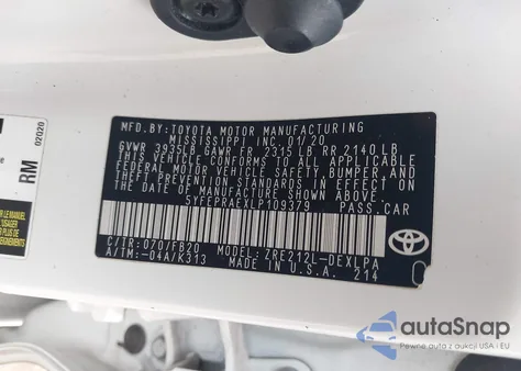 2020 Toyota Corolla Le из США, поврежденный, VIN 5YFEPRAEXLP109379